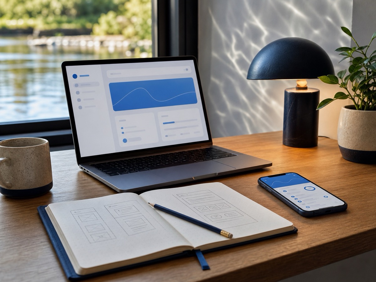 A quiet software workbench with app sketches, a laptop, and a phone beside a river view
