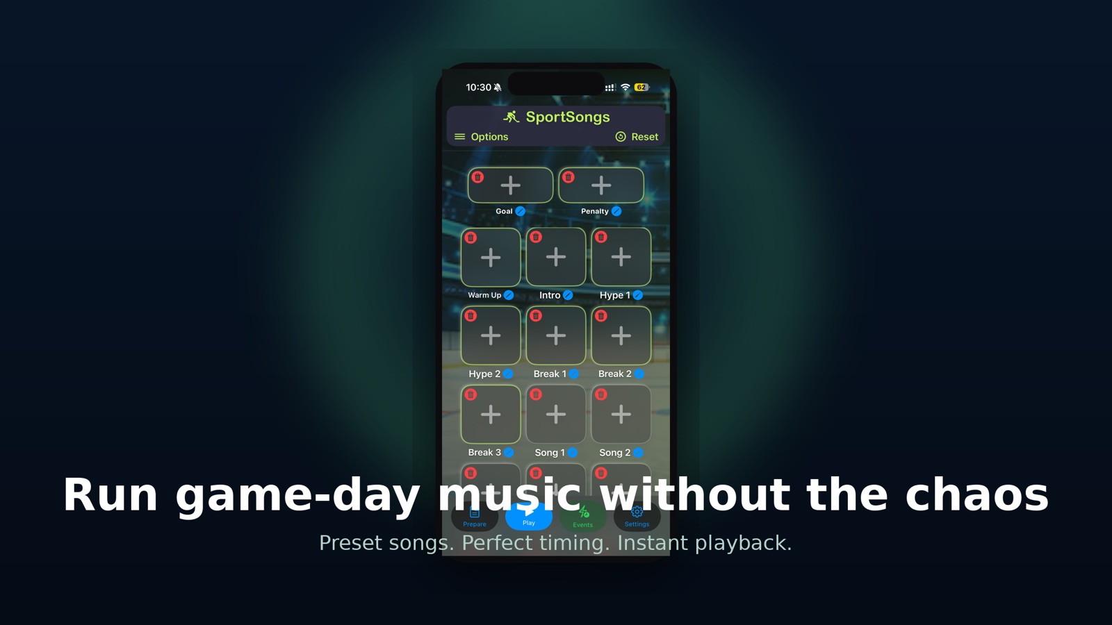 SportSongs app preview showing game-day music controls
